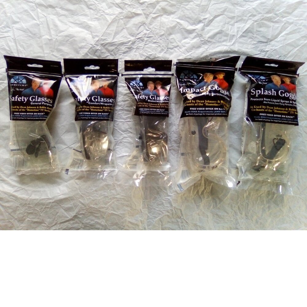 5 Pairs of Hometime Safety Glasses (general, wraparound, goggle)